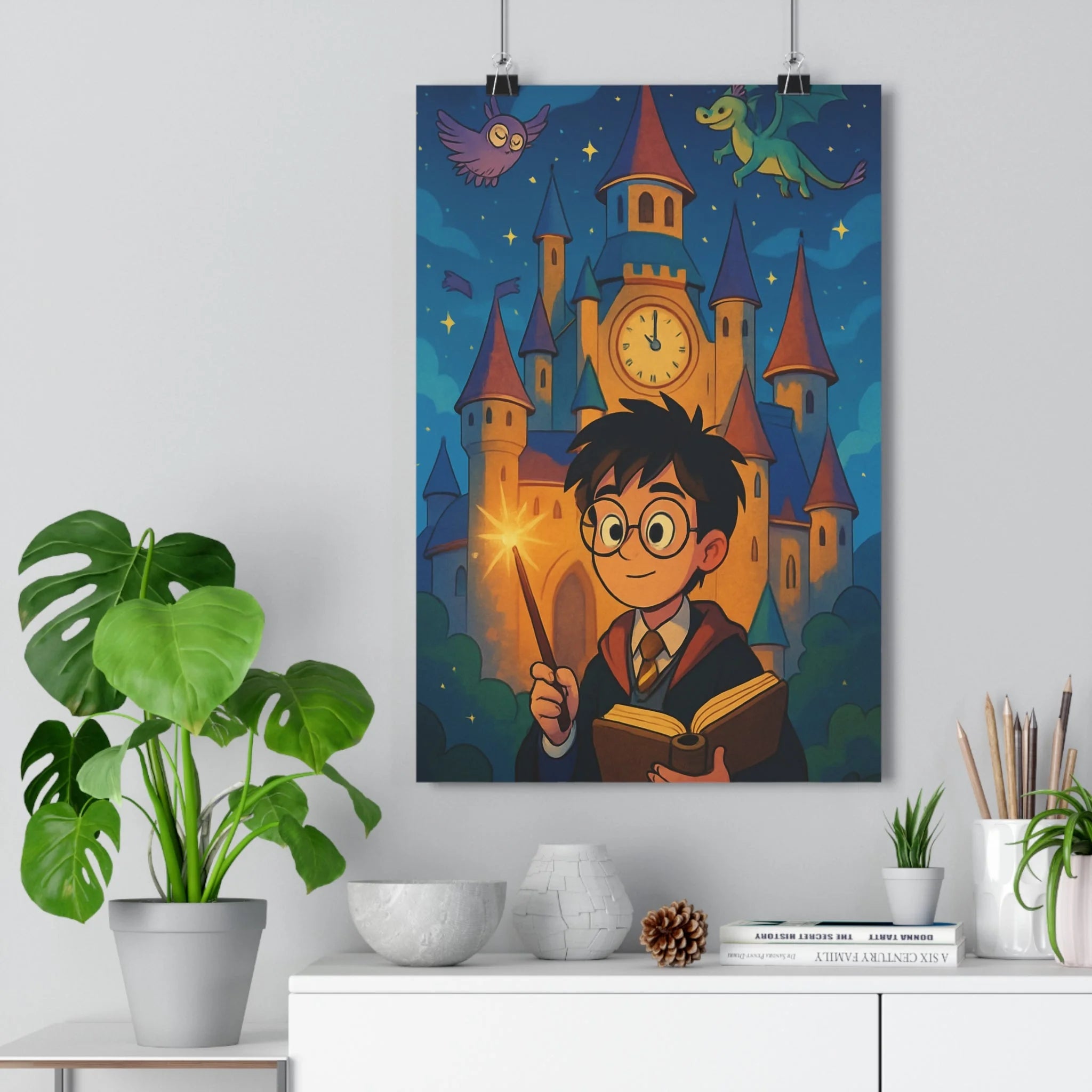 Poster décoratif magique bleu jaune mystique sorcier école chambre enfant féerique enchanté mur décoration
