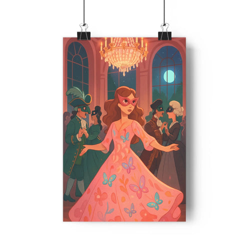 Poster bal masqué élégant femme papillons masque doré fenêtres lune aristocratique réaliste romantique salon chambre
