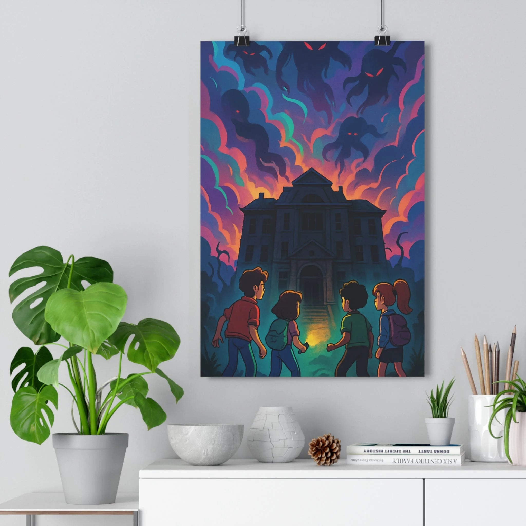 Poster décoratif animé sombre lumineux aventuriers aventure mystique maison mystérieuse chambre salon captivant qualité