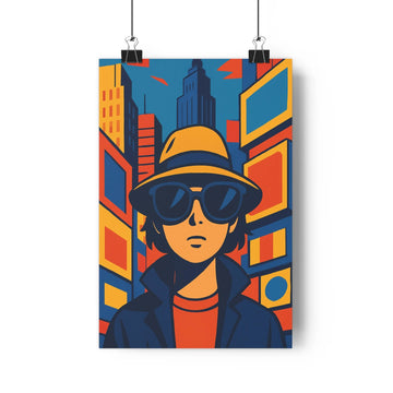 Poster homme chapeau lunettes manteau bleu chemise orange ville moderne bâtiments collage géométrique popart couleurs vives ambiance urbaine dynamique salon