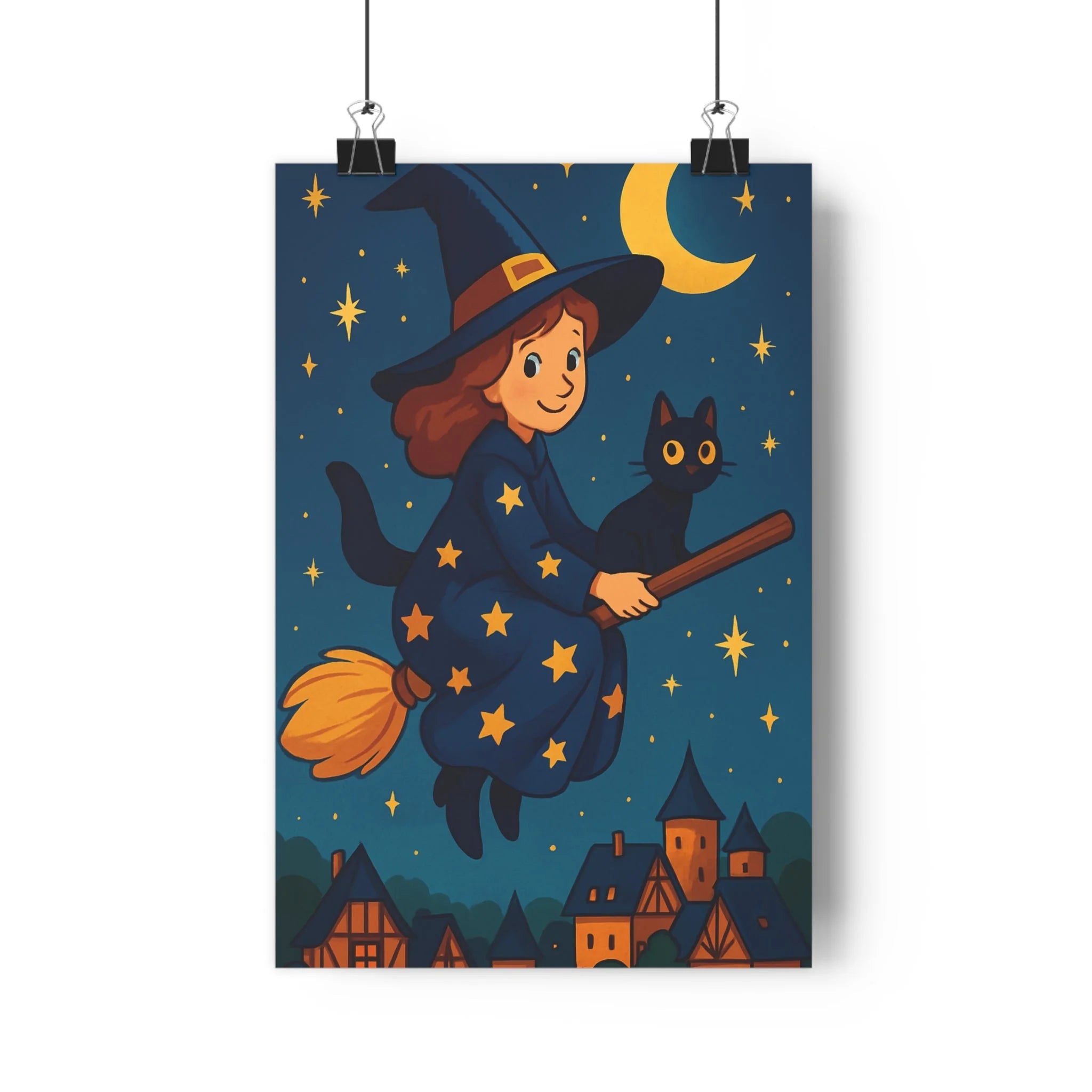 Poster décoratif sorcière chat noir violet mystérieux magique anime chambre étoilé balai ciel étoile