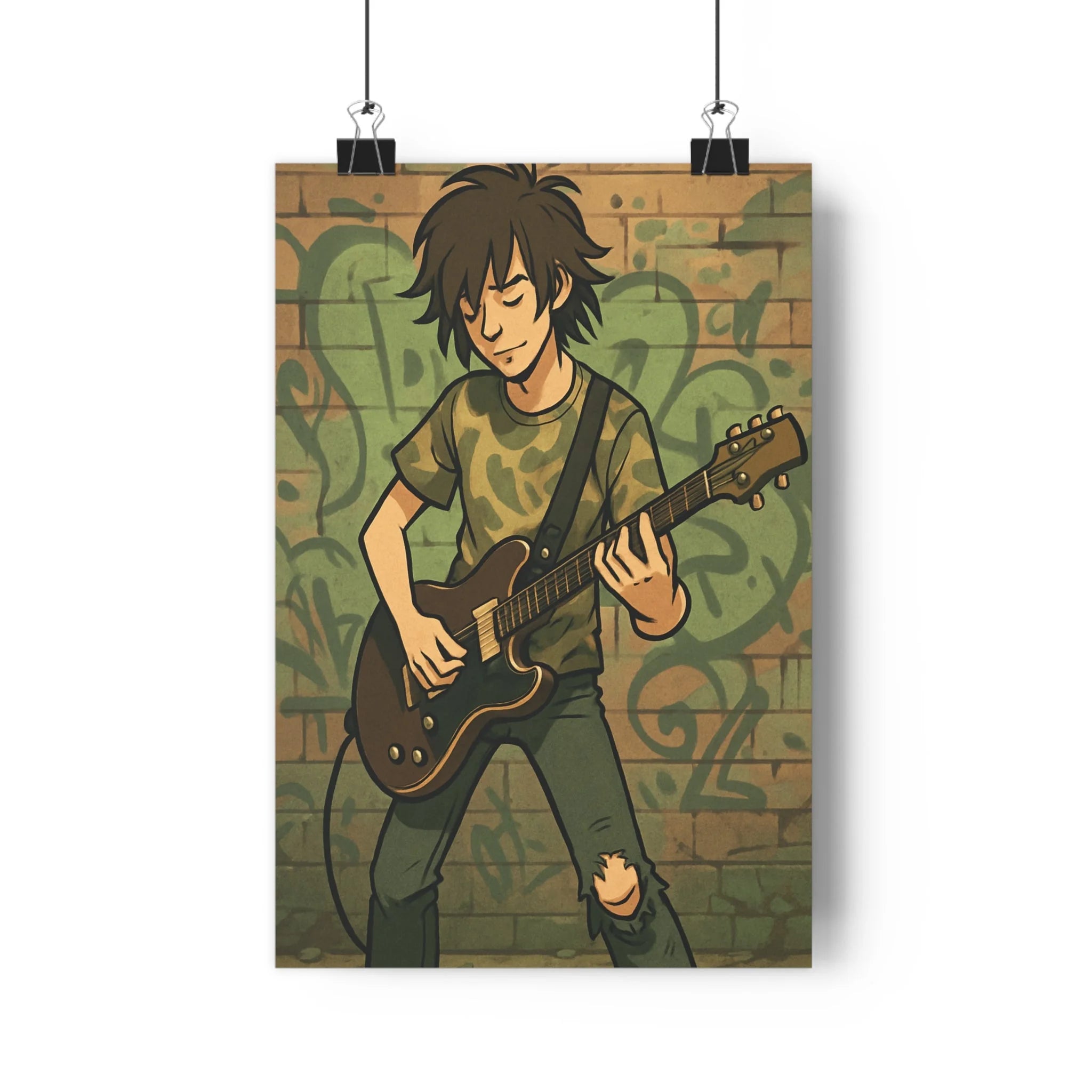 Poster décoratif grunge guitare électrique graffiti vert urbain rebelle chambre musique 30x46 mur brique