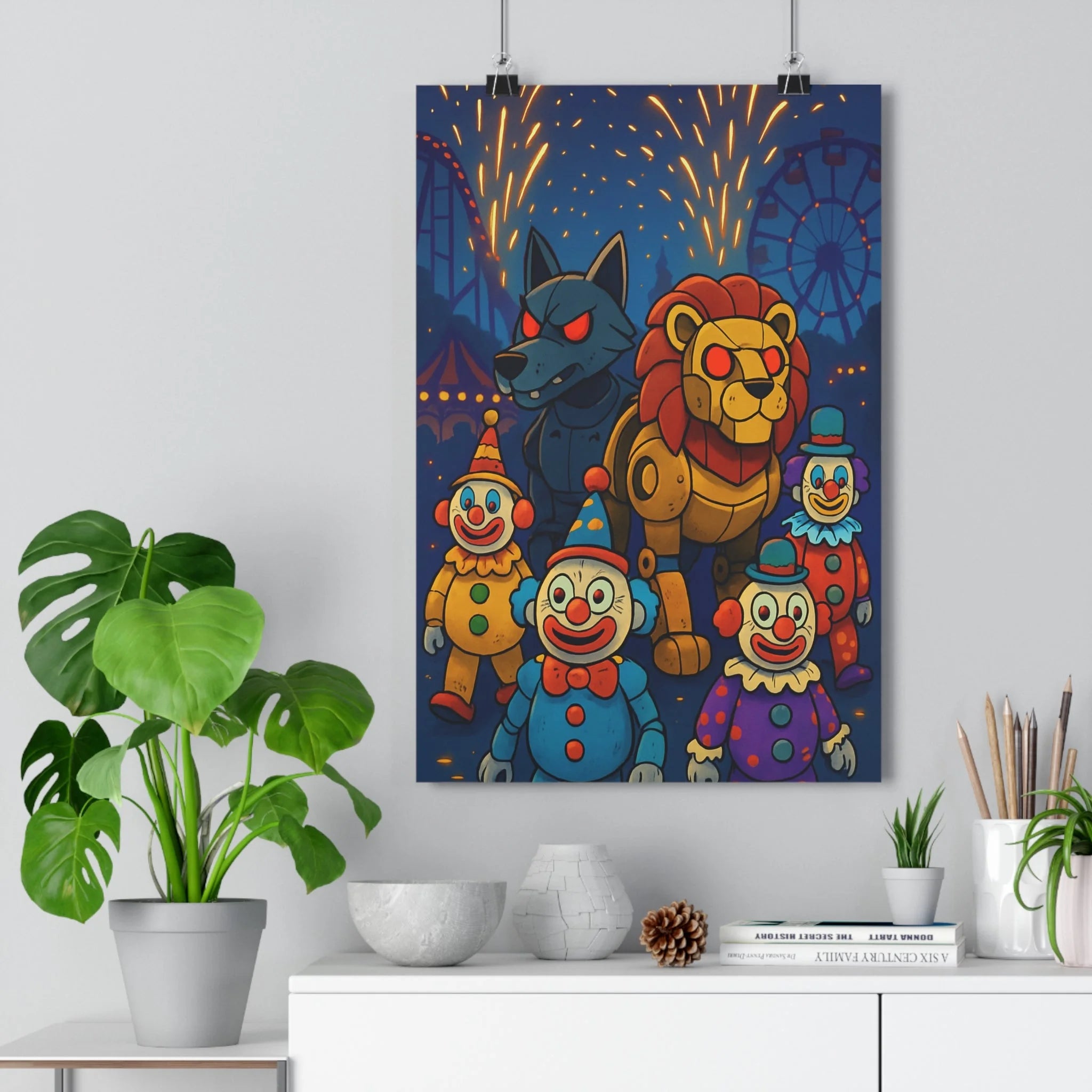 Poster décoratif vibrant coloré cartoon joyeux enfant chambre 30x46 animatroniques loup lion clowns festive