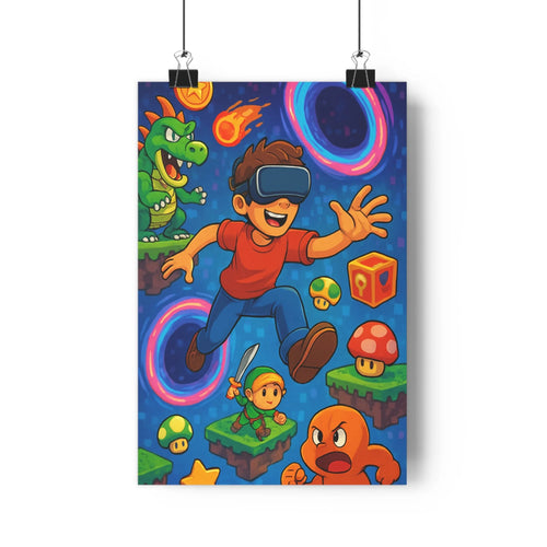 Poster jeux vidéo joyeux dragon champignons cercles lumineux epée décor coloré cartoon expressions vives ludique chambre enfants