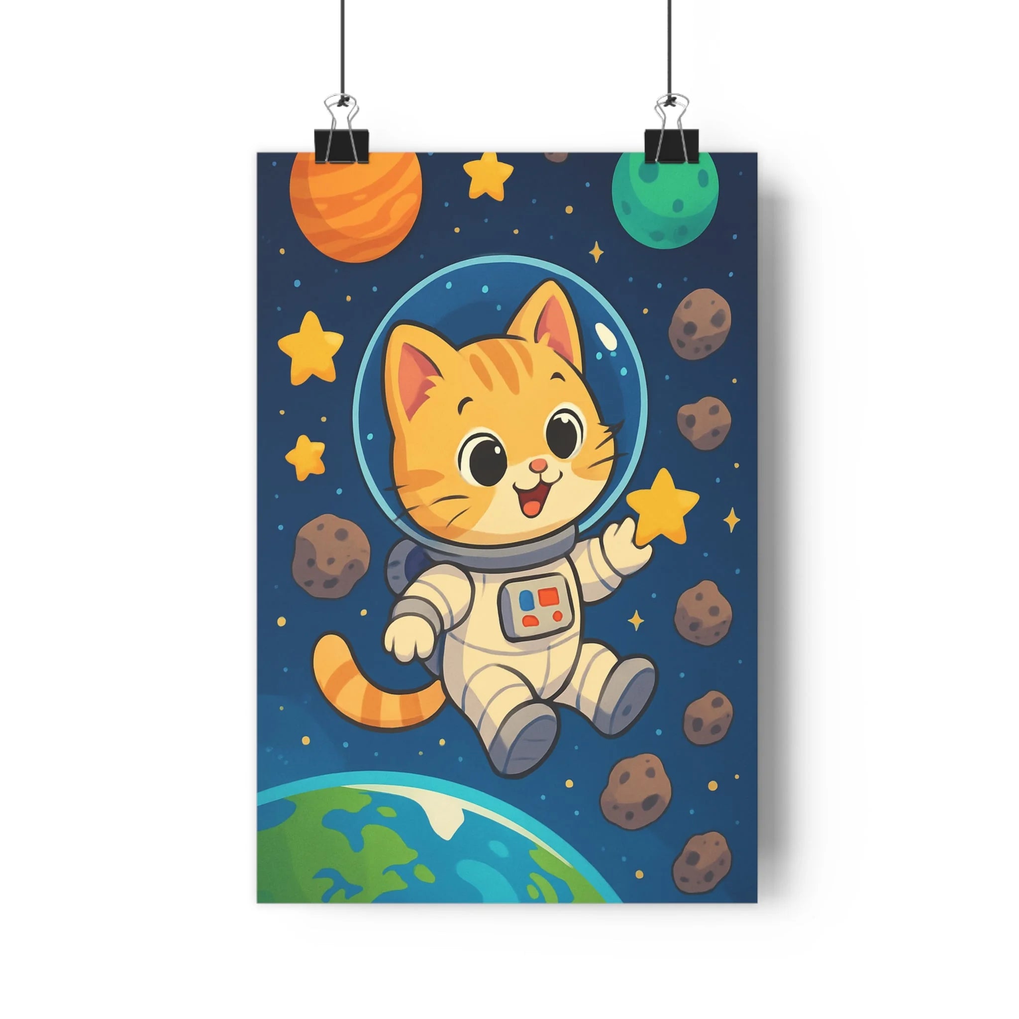 Poster décoratif cartoon chaton astronaute espace étoiles planètes pastel joyeux chambre enfant 30x46 cm
