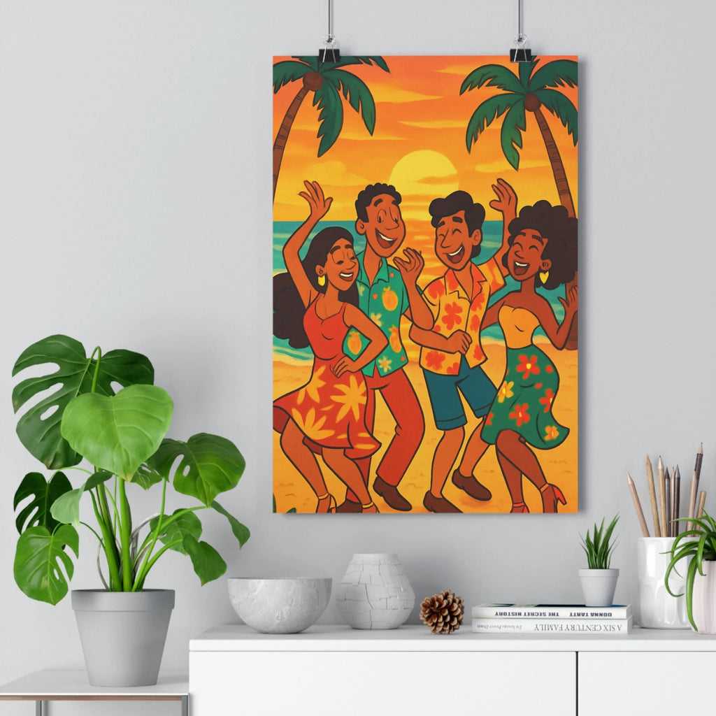 Poster joyeux danse plage coucher soleil orange floral palmiers océan cartoon vibrant intérieur salon chambre
