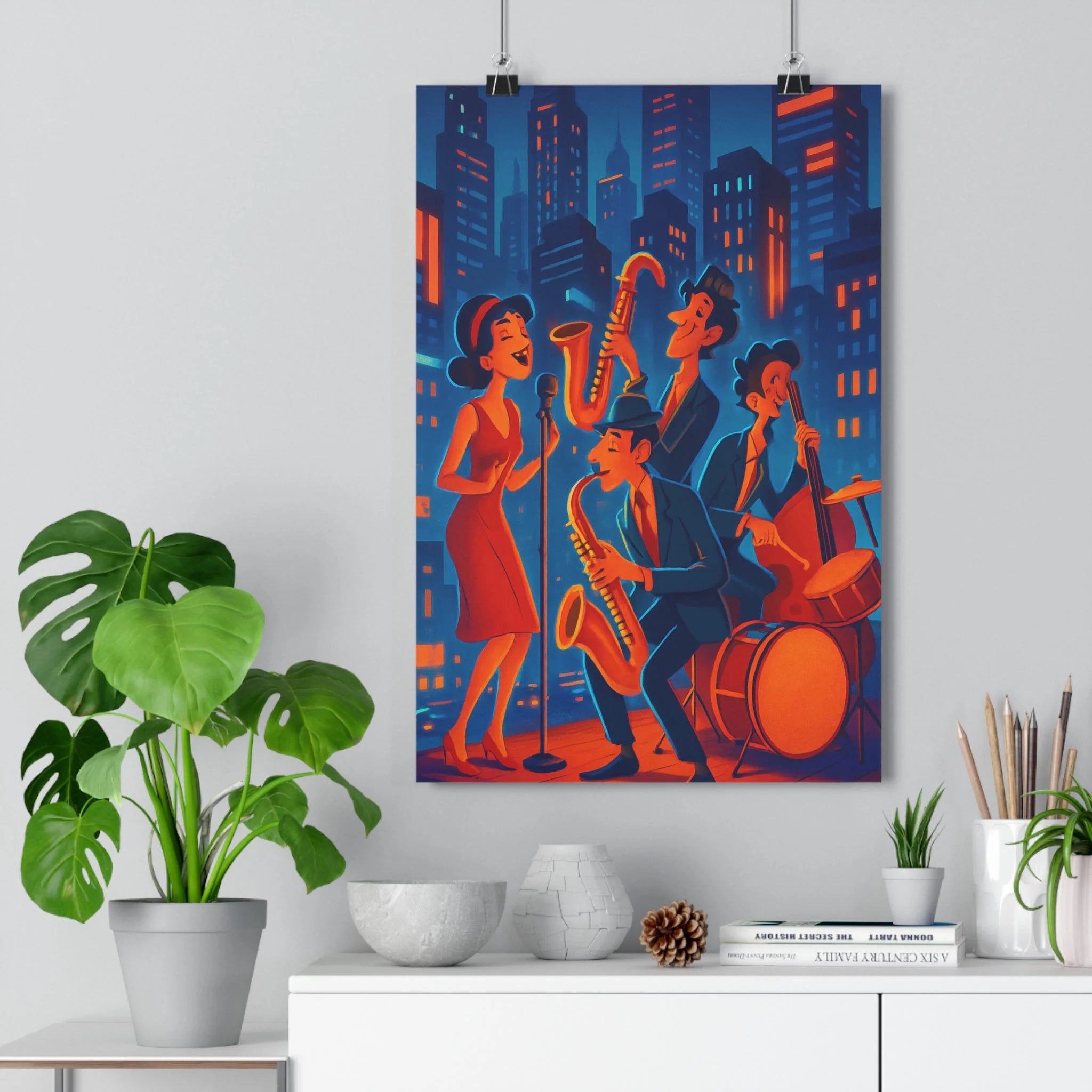 Poster décoratif urbain vintage bleu orange scène musicale chanteuse salon bureau style rétro élégant