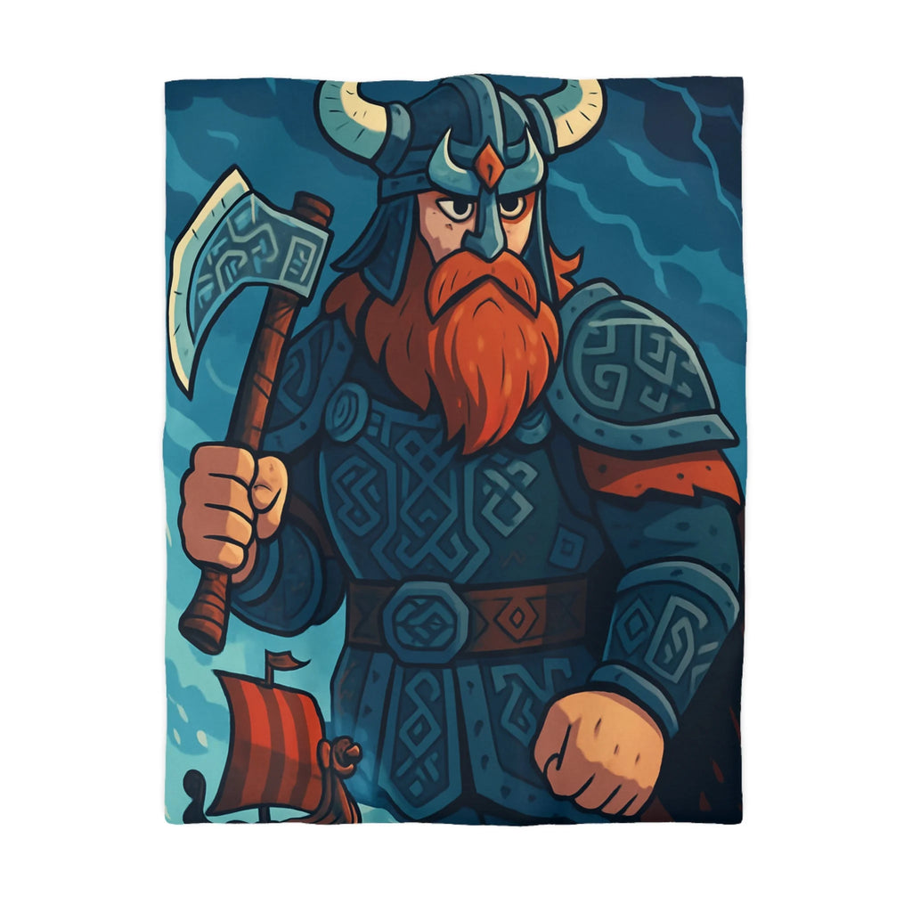 Housse de Couette Viking Illustrée avec Guerrier et Drakkar sur Fond Océan Tempétueux