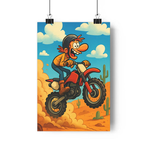 Poster cartoon oiseau moto trial cactus ciel bleu terre jaune ambiance joyeuse dynamique contours nets couleurs vives déco mur plantes