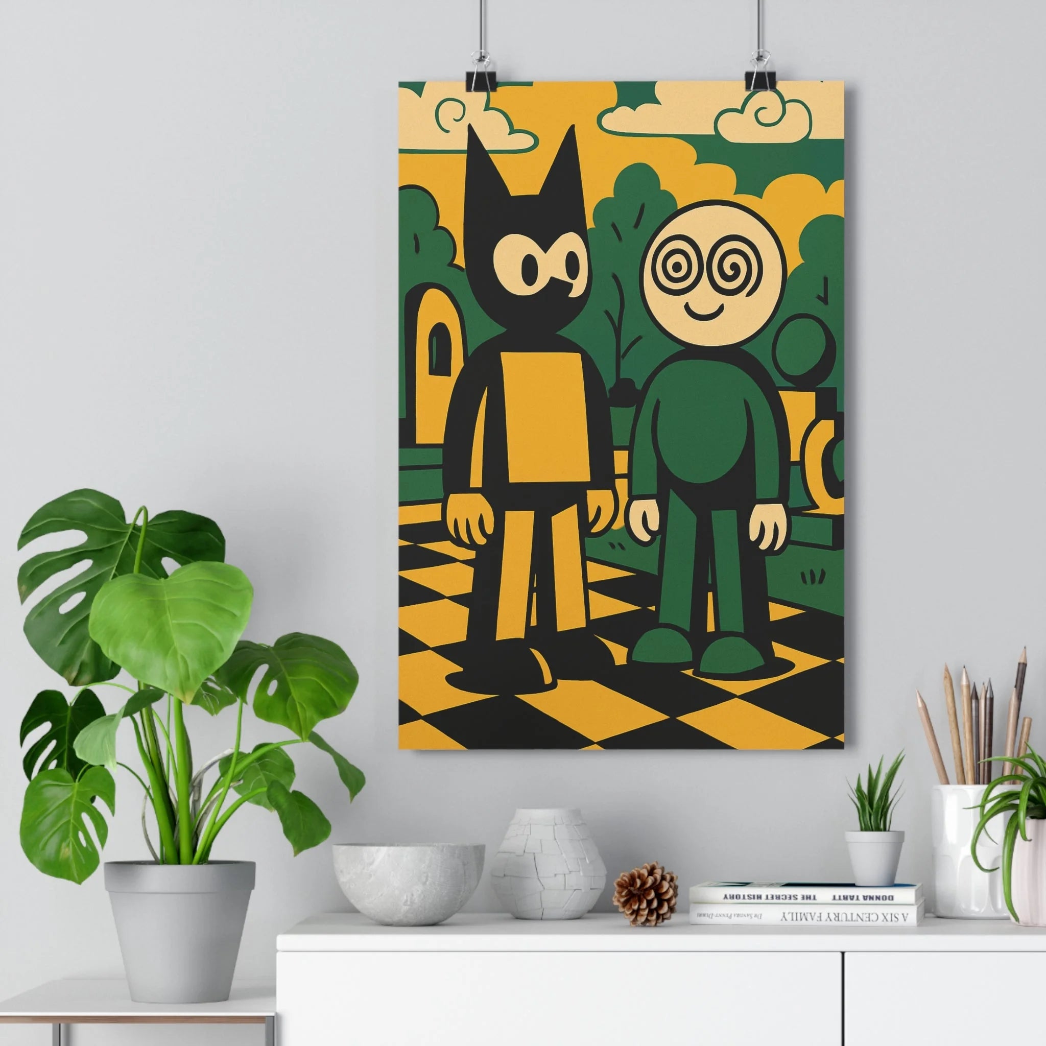 Poster décoratif surréaliste coloré vert jaune noir ludique joyeux chambre salon art mural qualité