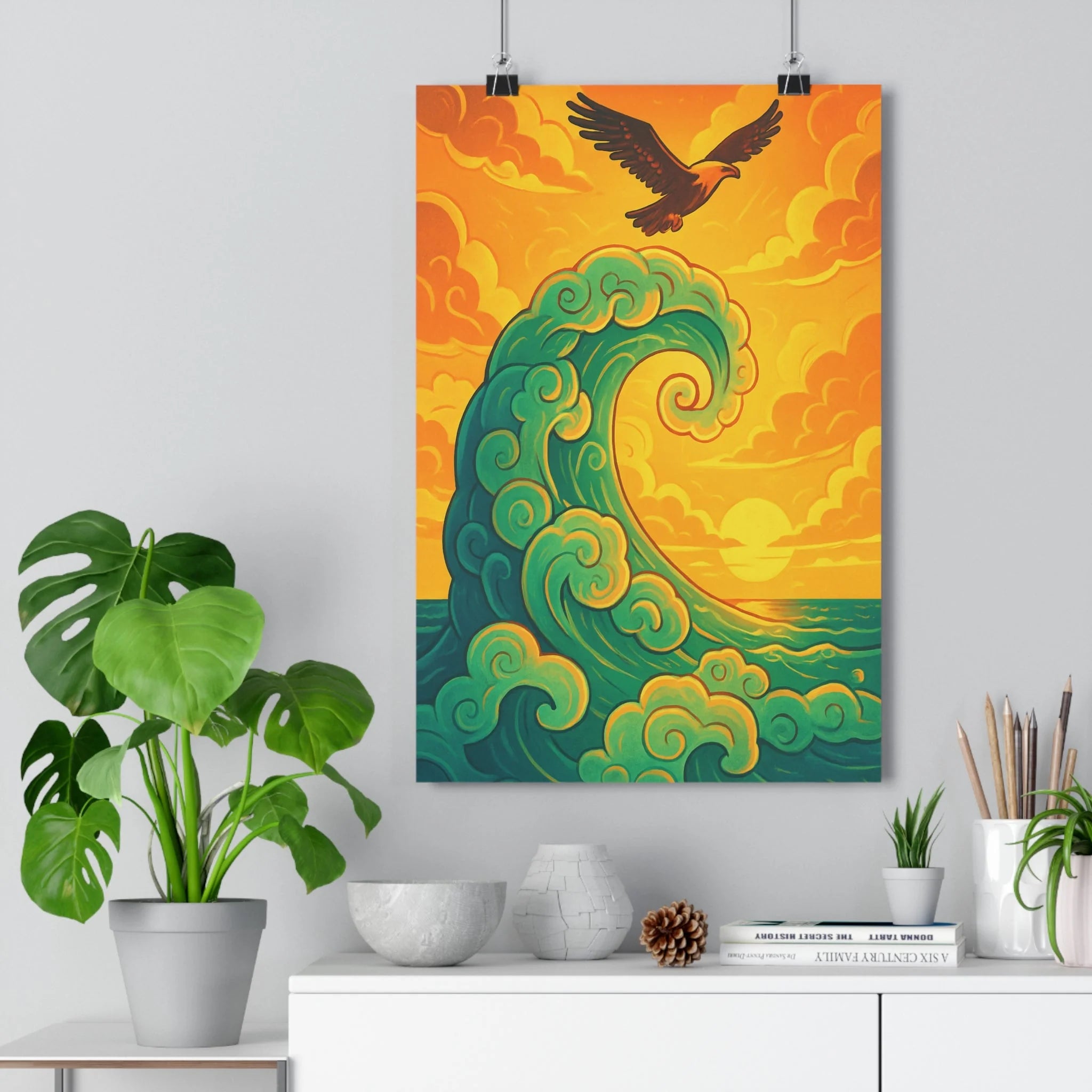 Poster décoratif dessin animé vague aigle pastel orange vert bureau salon dynamisme apaisant qualité