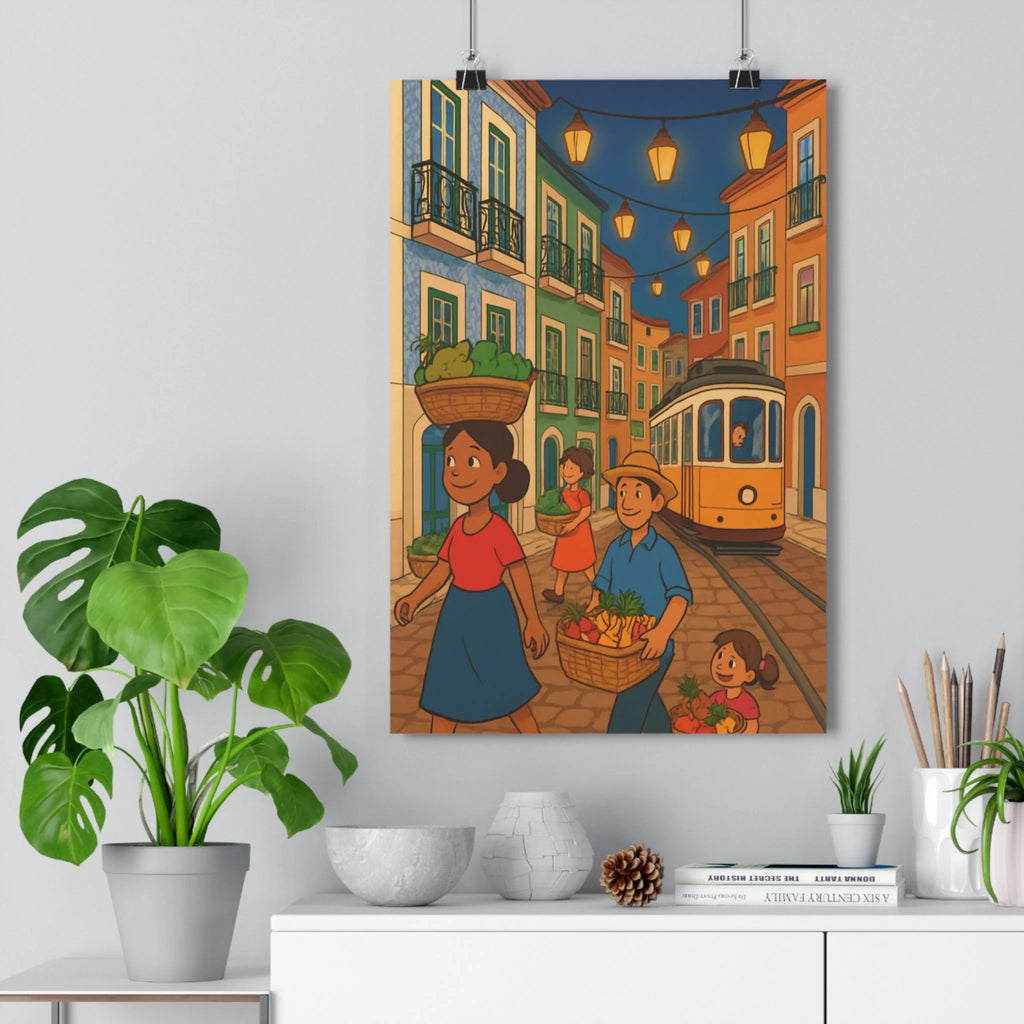 Poster décoratif dessin animé joyeux jaune rouge ruelle salon chambre style portugais unique lumineux