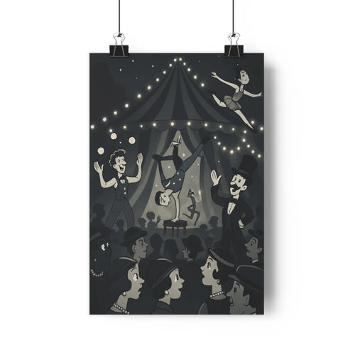 Poster cirque nuit jongle danse chaise guirlandes lumières public fasciné chapiteau noir blanc doré linéaire minimaliste profondeur captivant festive salon