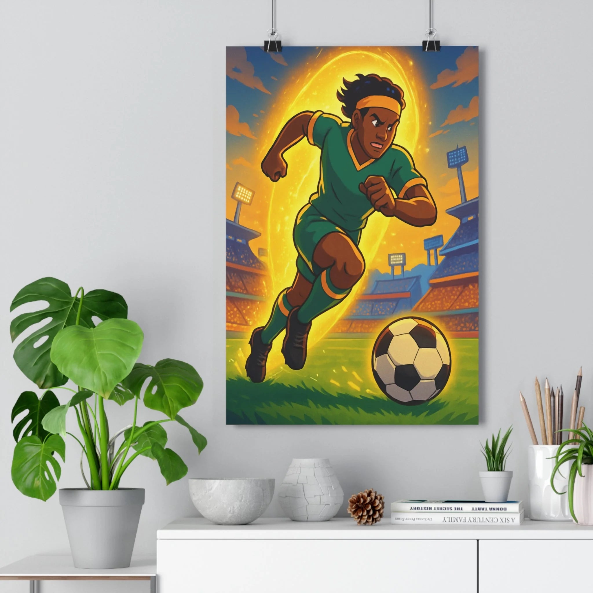 Poster décoratif football animé vert jaune dynamique sportif chambre enfant vibrant motivation action énergie