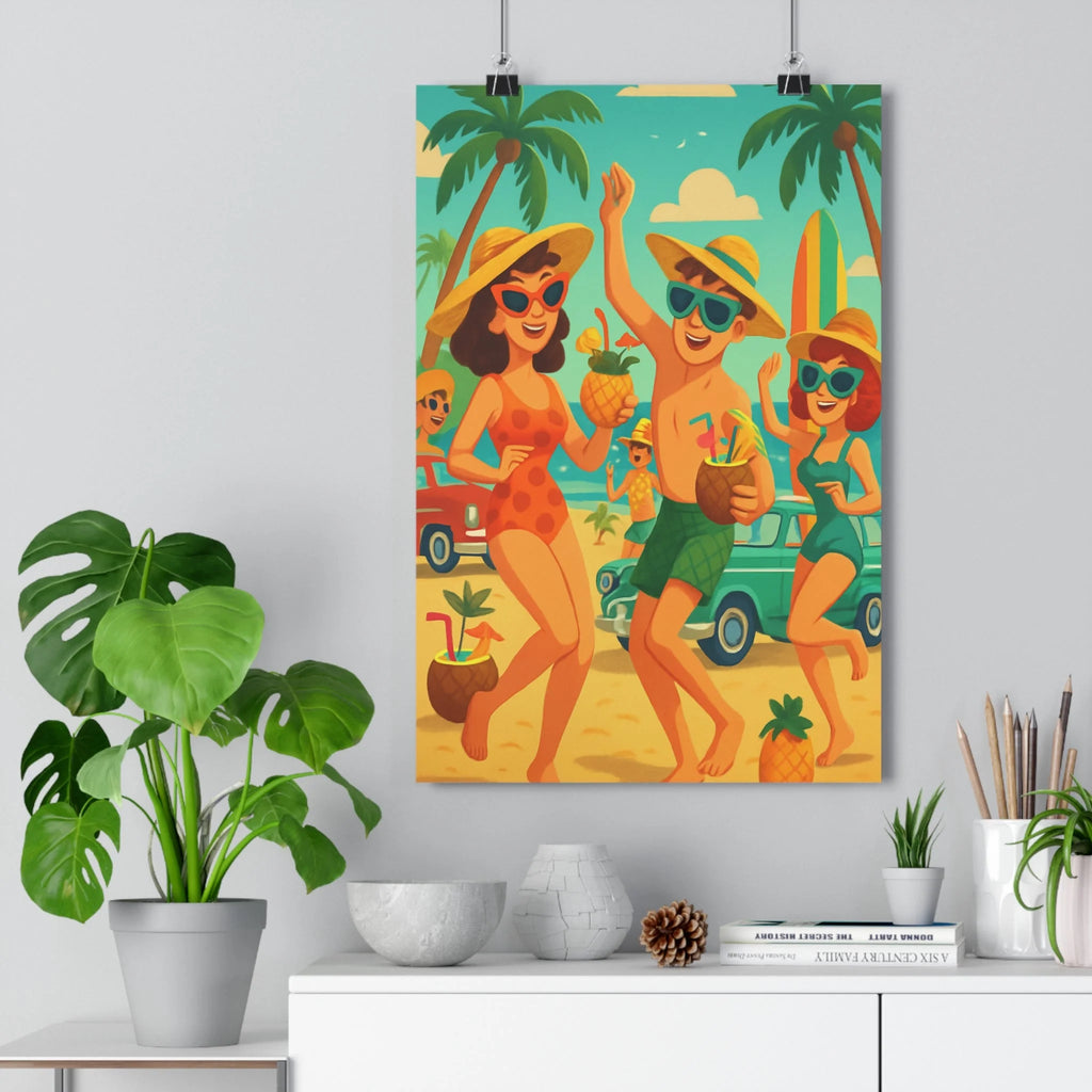 Poster tropical joyeux plage cocktail palmiers fruits cocotiers ciel bleu jaune contour net couleur vive ambiance festive salon chambre