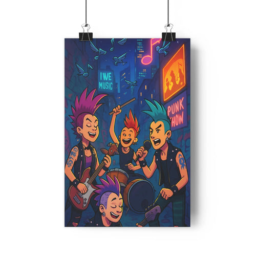 Poster urbain punk personnages musiciens cheveux colorés vêtements noirs tatouages notes musicales néons i love music ambiance festive bleu nuit