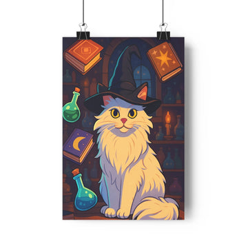 Poster chat sorcier bibliothèque livres flacons symbols magiques contours nets détails définis ambiance mystérieuse intrigue bleu vert jaune fond sombre