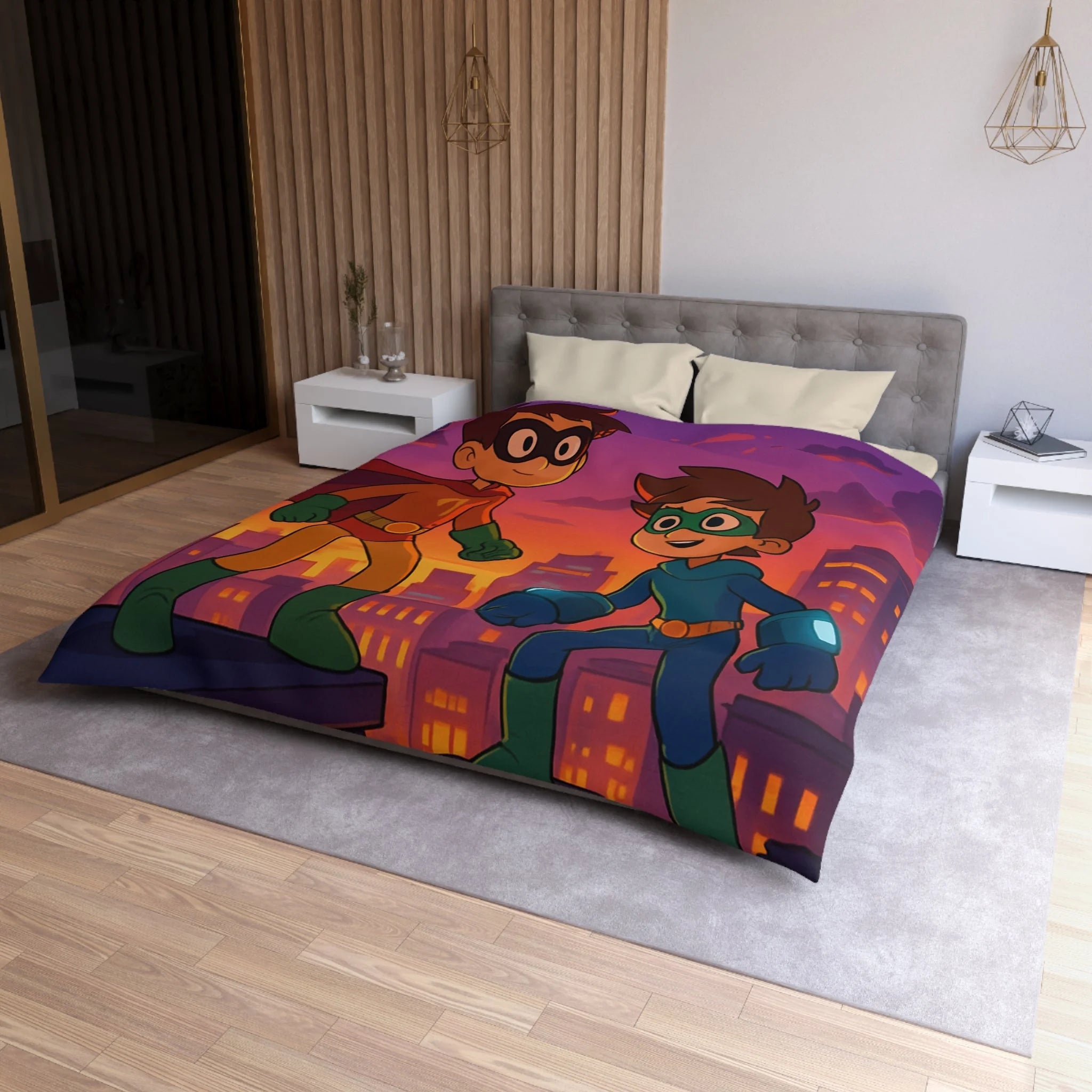 Housse de couette pour enfants avec deux jeunes super-héros au coucher du soleil