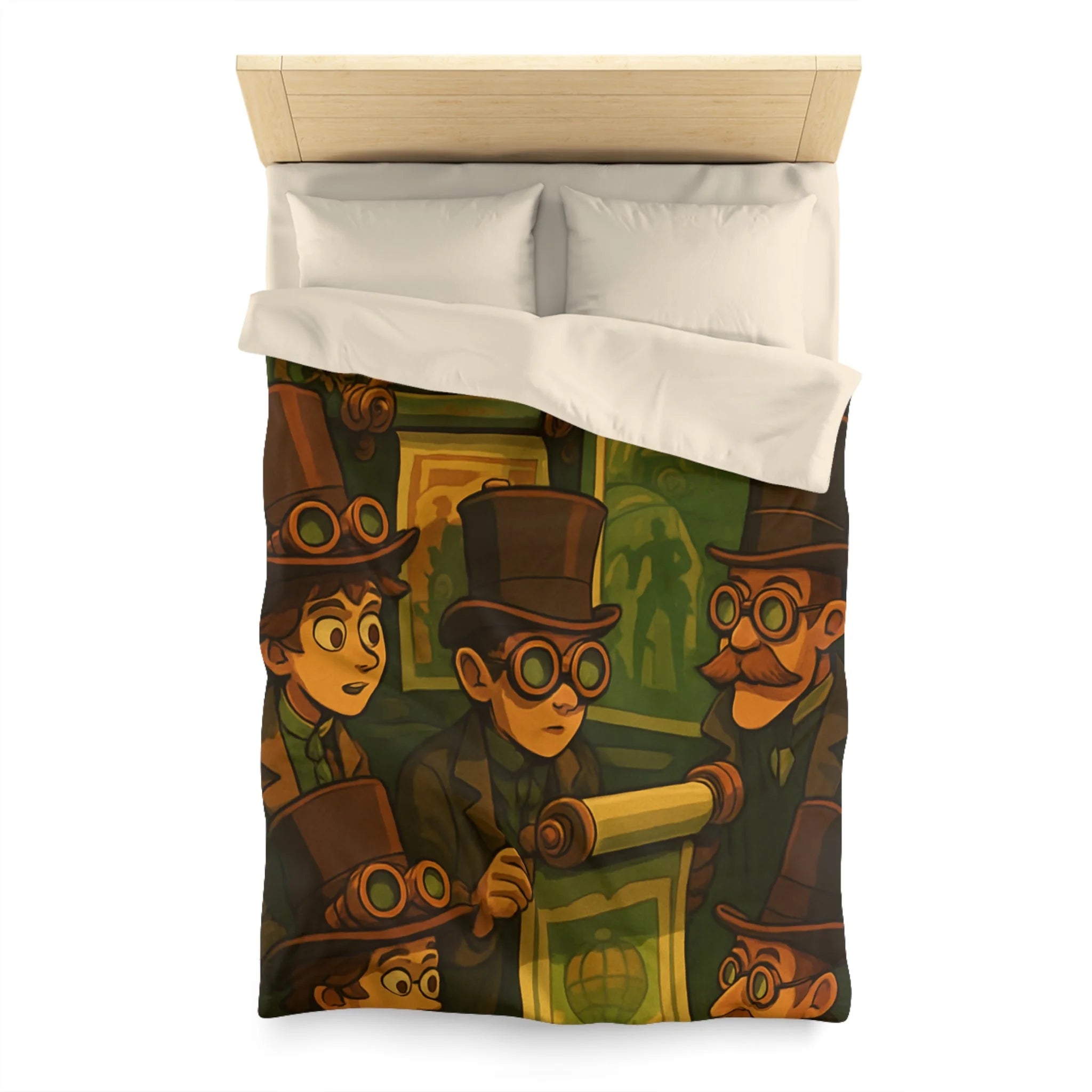 Housse de couette steampunk rétro vintage, illustration de gentlemen en chapeaux et engrenages