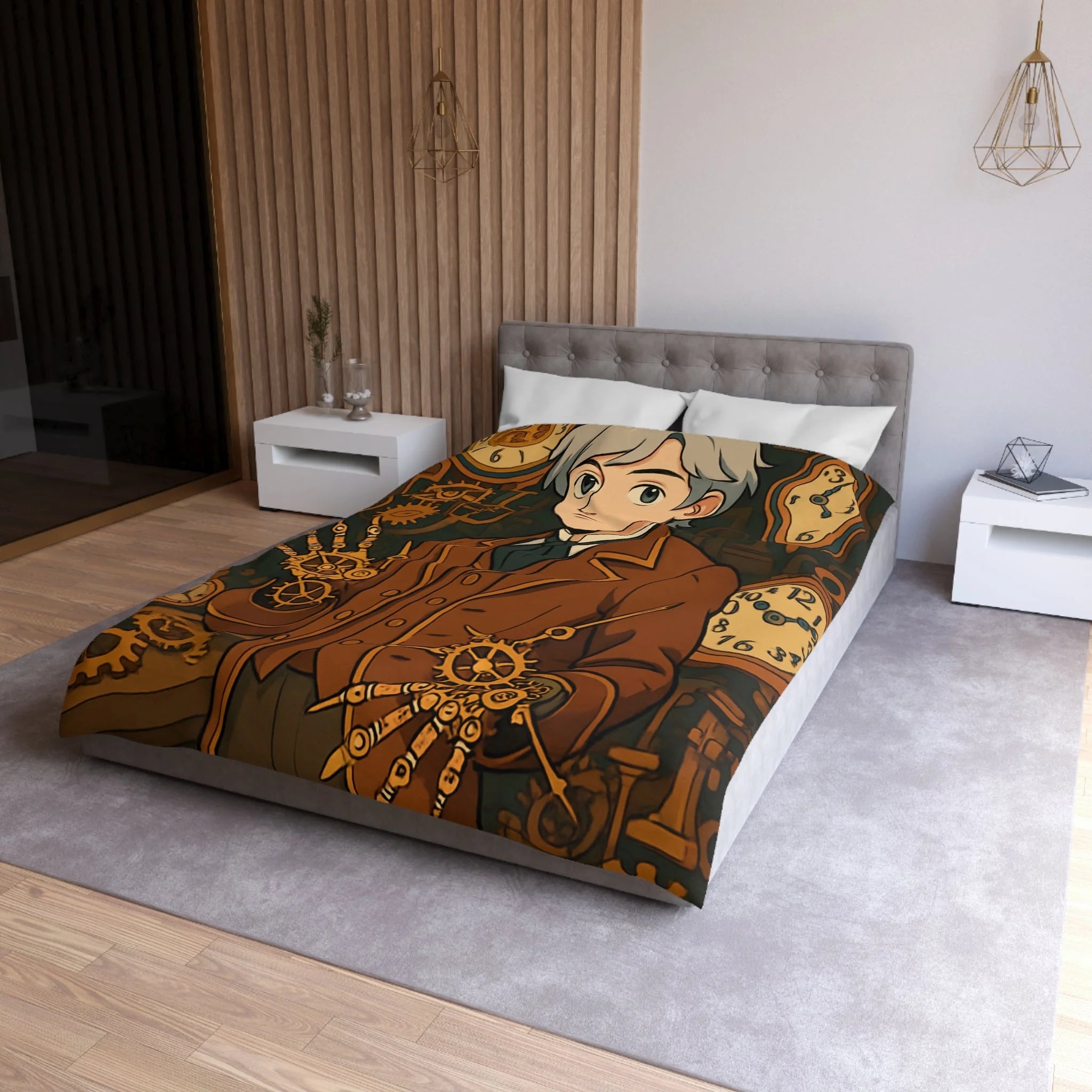 Housse de couette steampunk avec horloges et personnage stylé en tenue victorienne