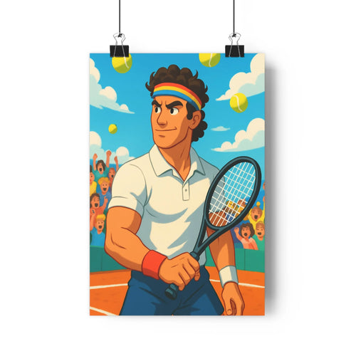 Poster joueur tennis dynamique balles flottantes ciel ensoleillé foule spectateurs ambiance sportive bleu vif cartoon contours nets couleurs vives salon