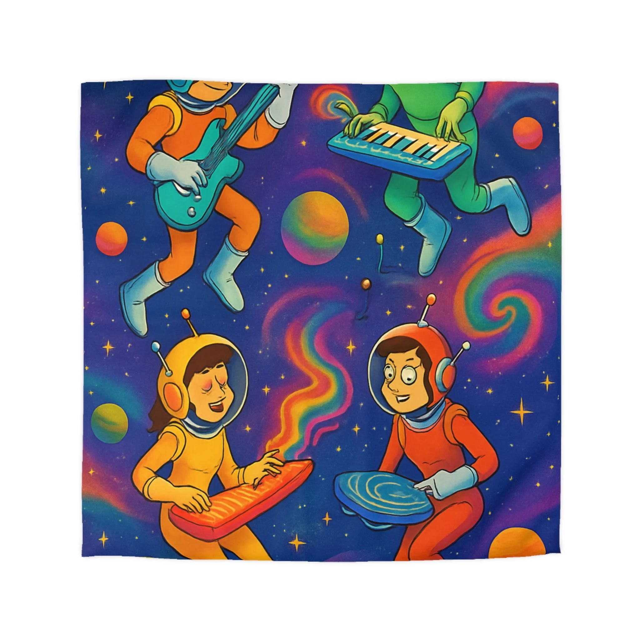 Housse de Couette Spatiale Psychédélique avec Astronautes Musiciens et Planètes Colorées