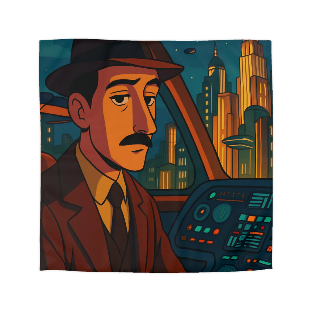 Housse de couette rétro-futuriste avec illustration de ville et pilote dans vaisseau