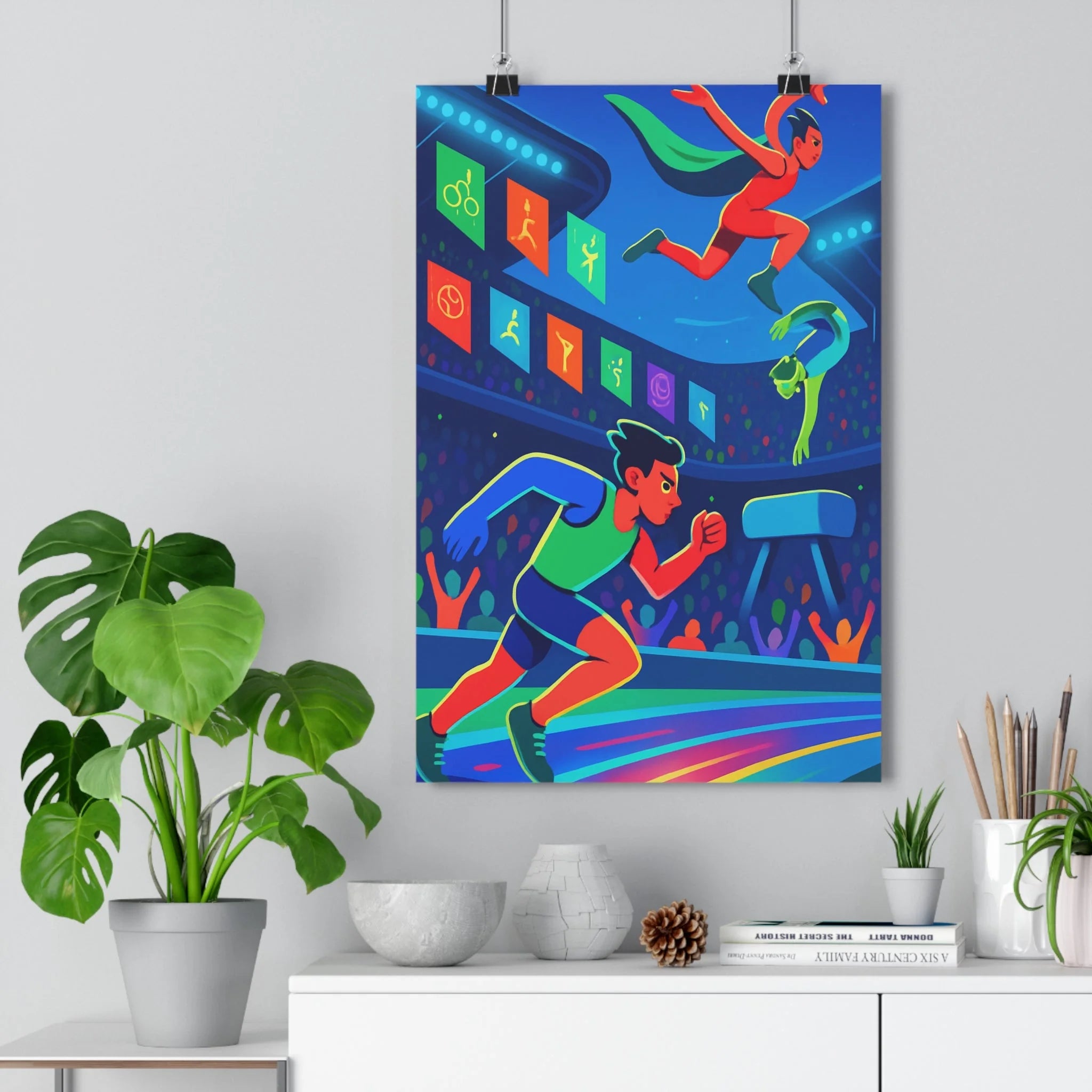 Poster décoratif cartoon dynamique bleu rouge vert sportif athlétique chambre enfant salon bureau olympique