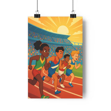 Poster athlètes course stade spectateurs ciel ensoleillé dynamique joyeux vibrant cartoon vert bleu rouge energetic chambre salon