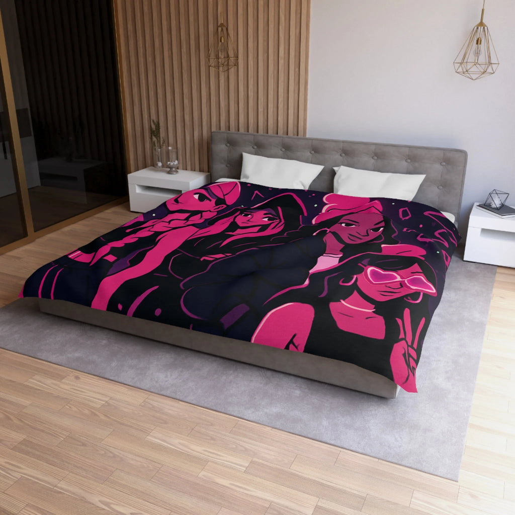 Housse de couette urbaine avec silhouettes féminines et motifs fluorescents nuit étoilée