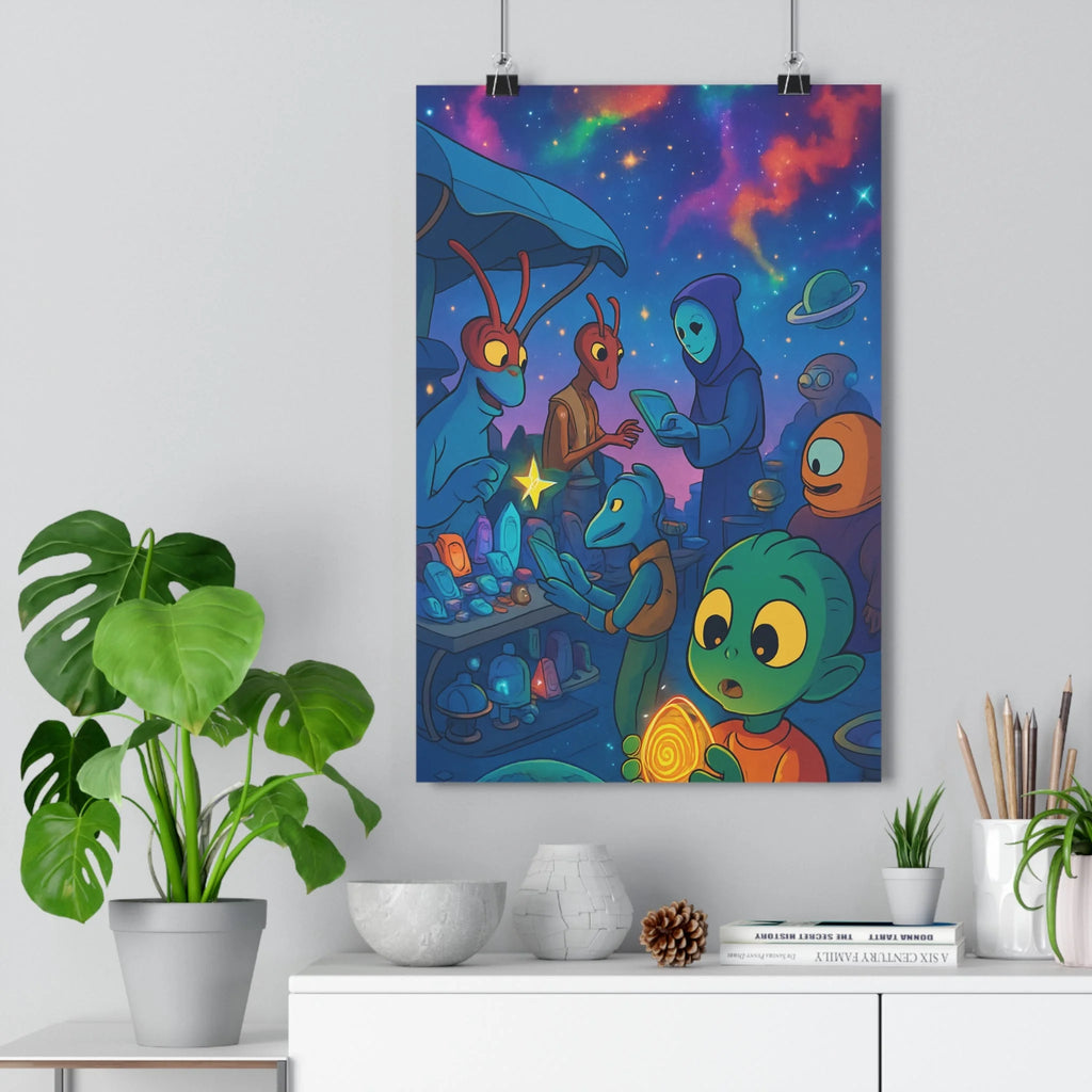 Poster décoratif cartoon extraterrestre violet bleu joyeux mystique salon chambre enfant marché intergalactique qualité