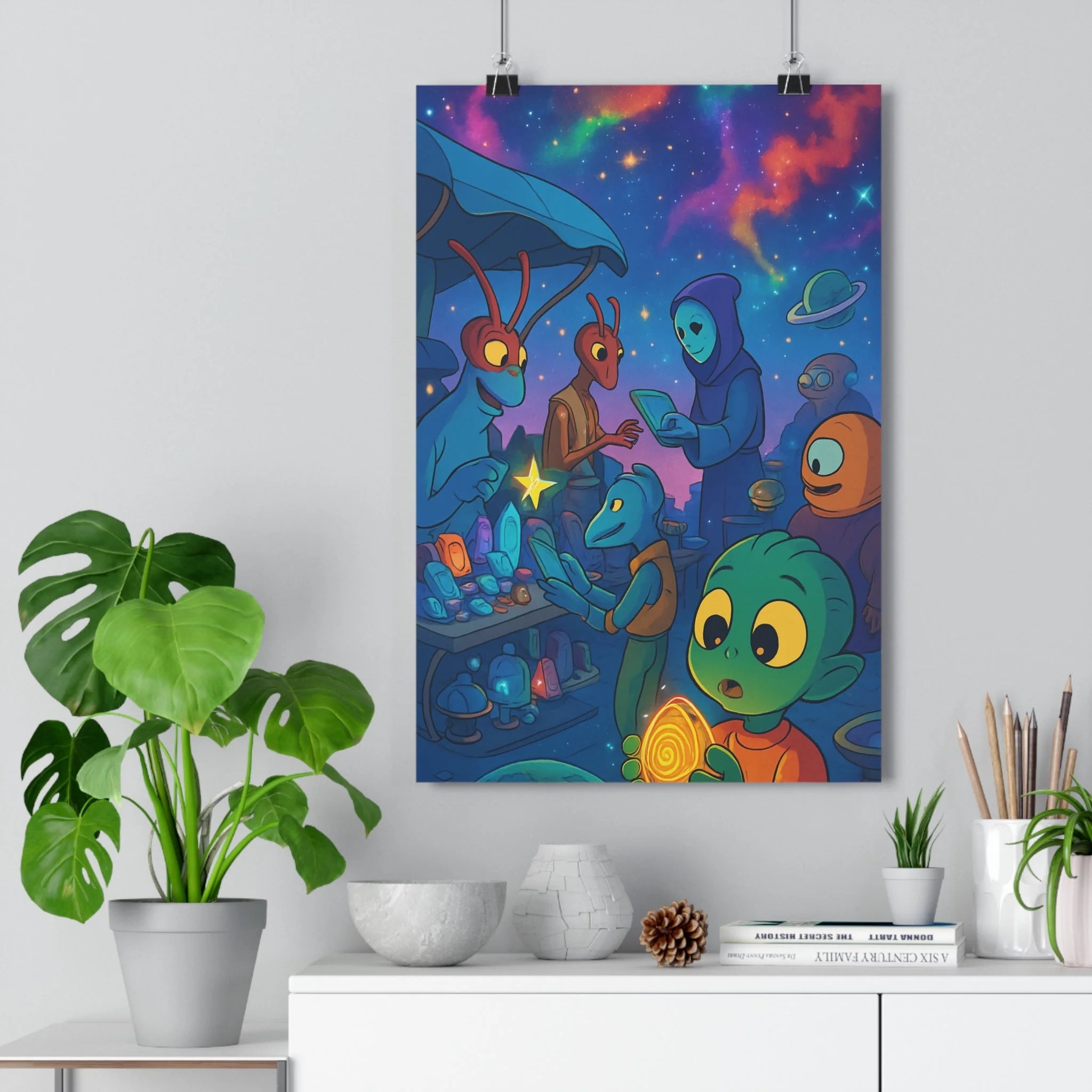 Poster décoratif cartoon extraterrestre violet bleu joyeux mystique salon chambre enfant marché intergalactique qualité