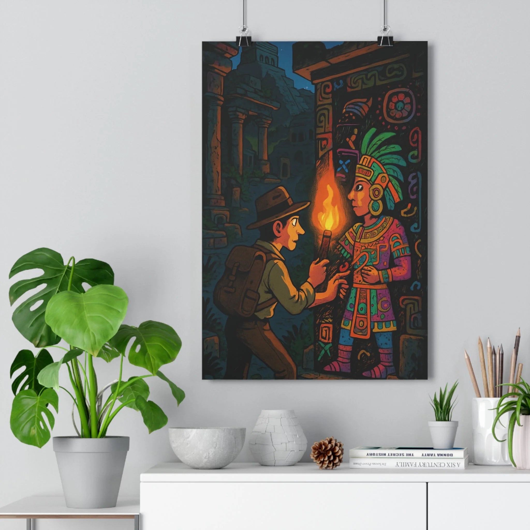 Poster décoratif scène mystérieuse aventure dessin animé explorateur salle enfant couleurs vives ambiance captivante