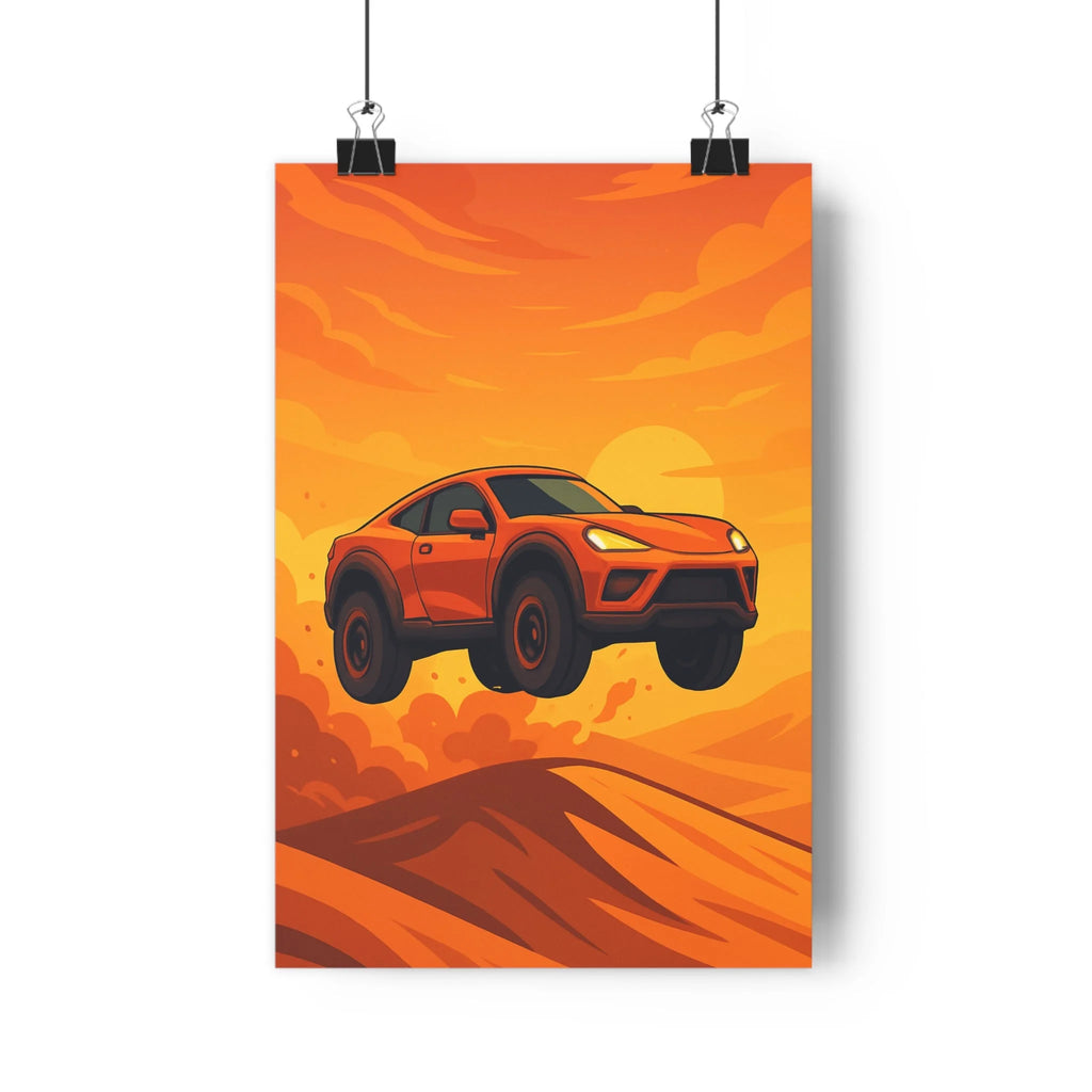 Poster décoratif voiture sportive rouge dessin animé aventure sable orange jaune salon chambre qualité