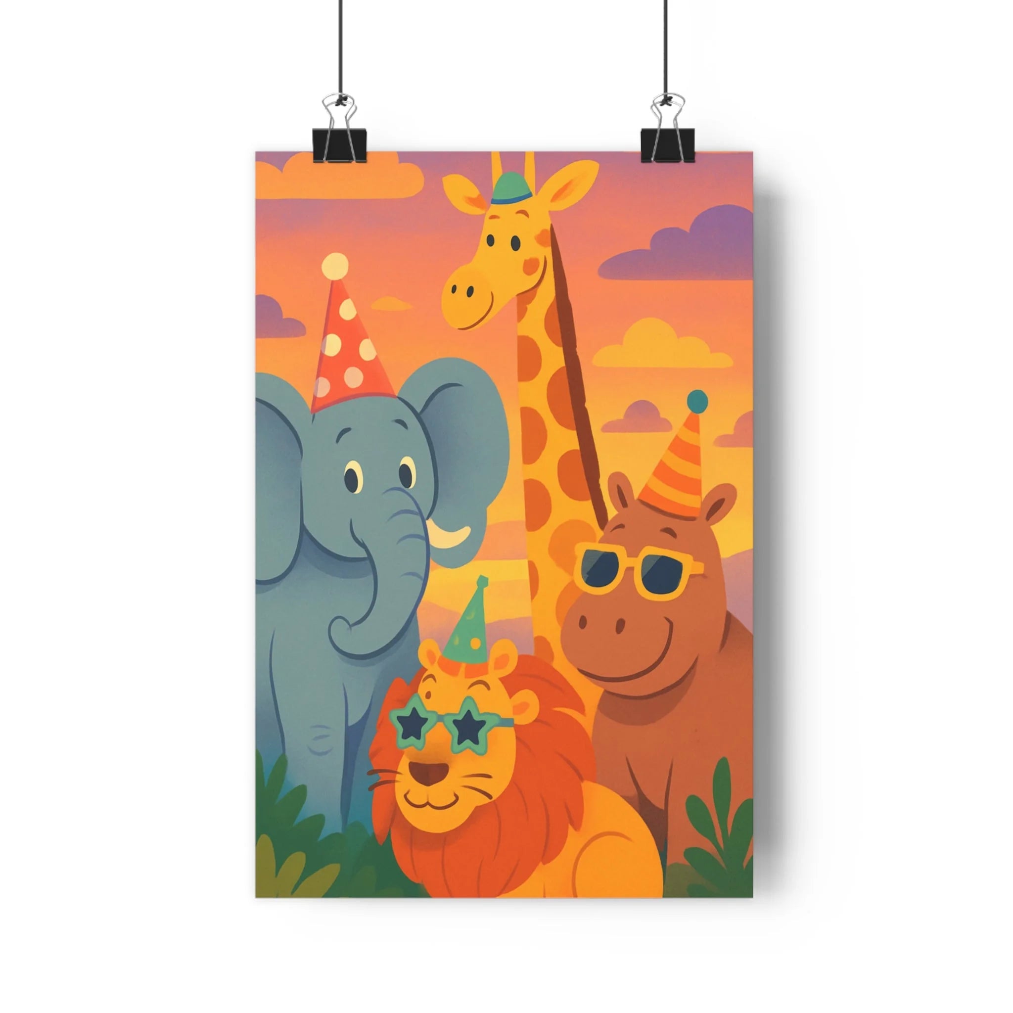 Poster décoratif joyeux enfant cartoon éléphant girafe lion hippopotame coloré amusant 30x46 cm qualité