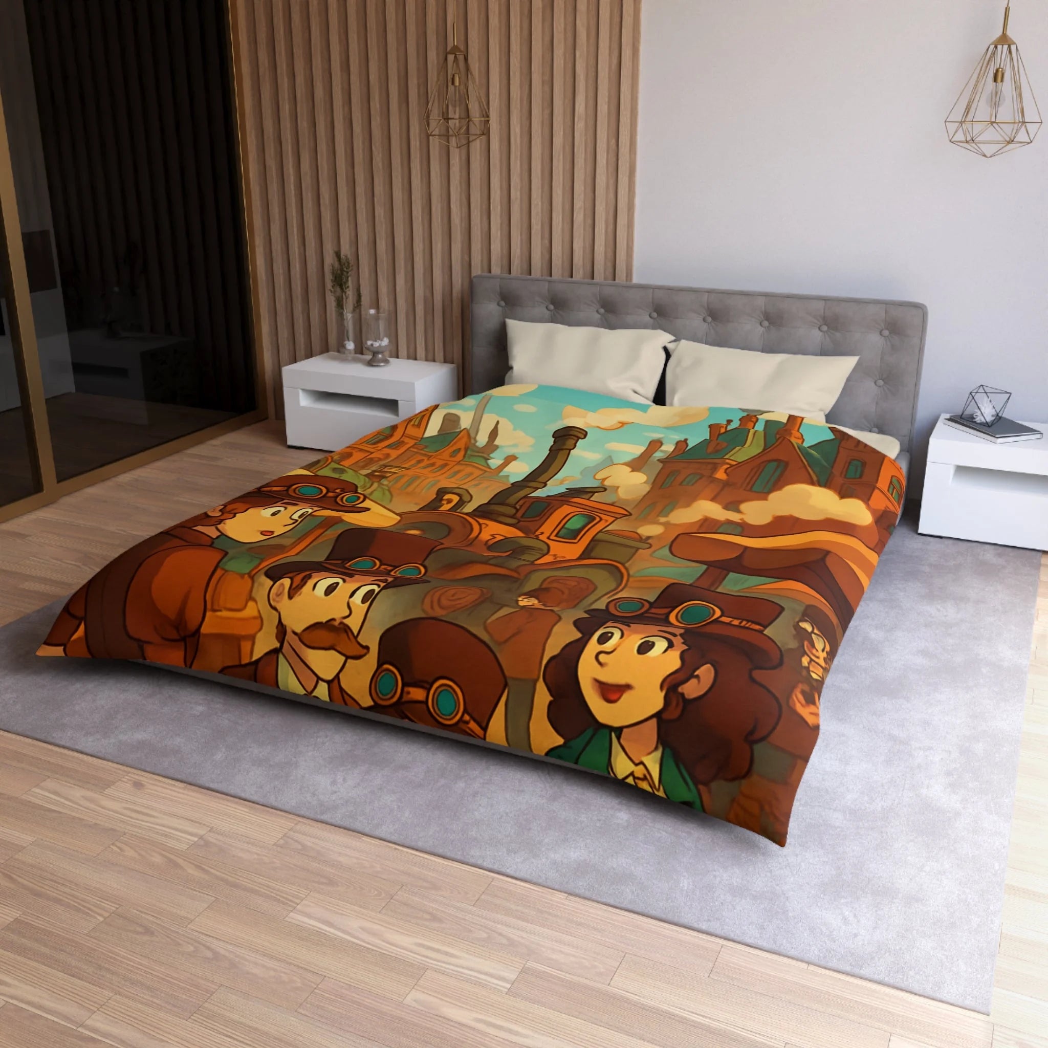 Housse de couette steampunk rétro avec famille, dirigeables et ville victorienne animée