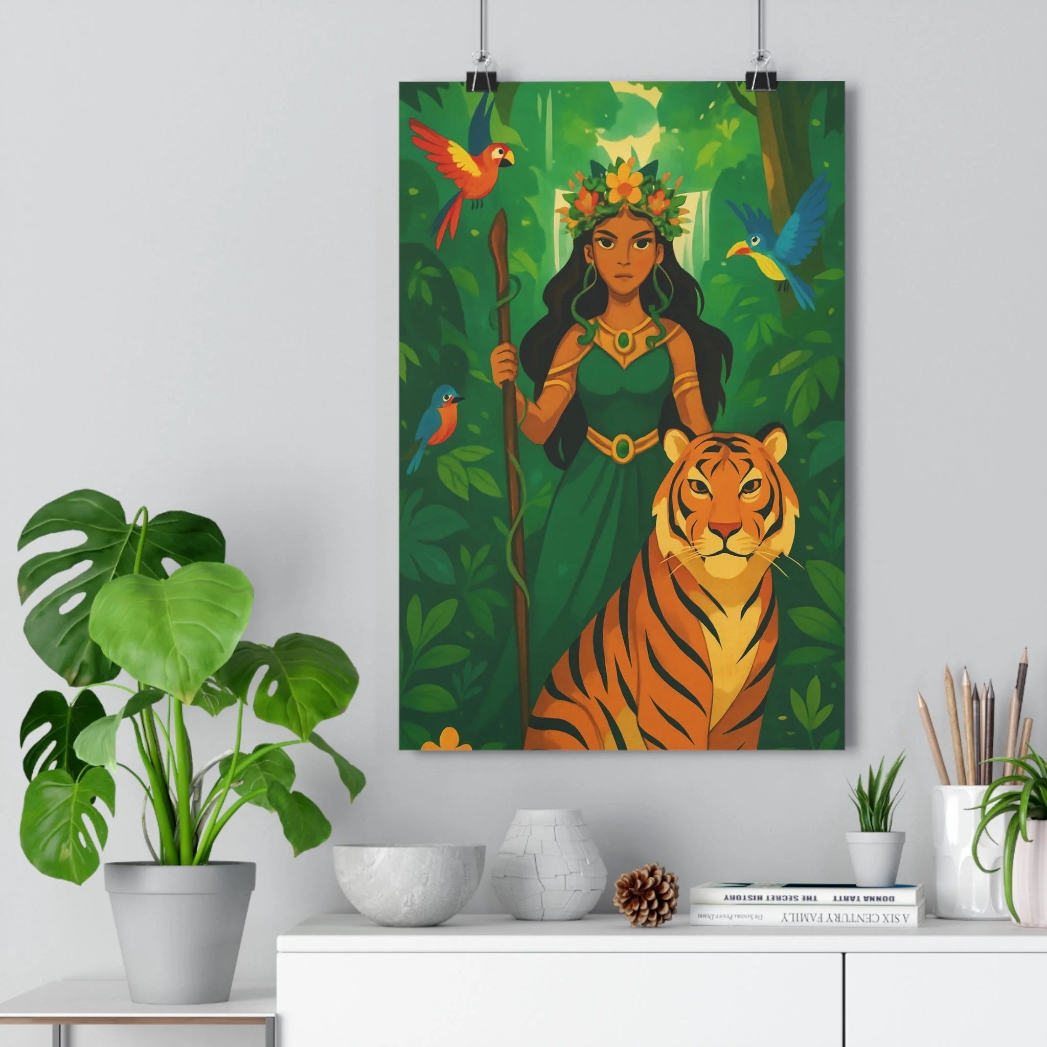 Poster décoratif jungle mystique vibrant cartoon exotique tigre femme couronne fleurs vert orange chambre