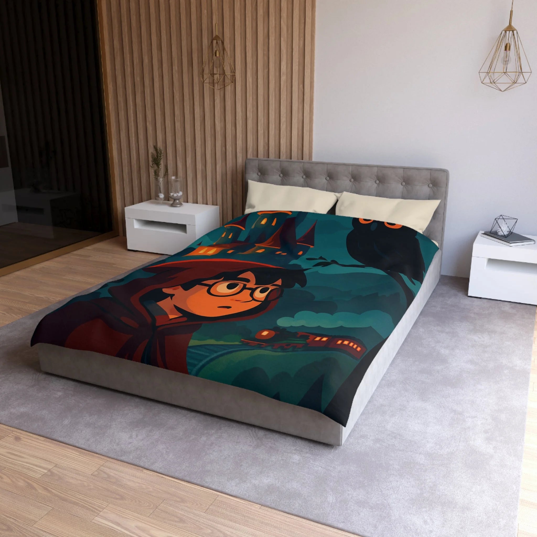 Housse de couette mystique avec château, héros et hibou pour chambre enchantée