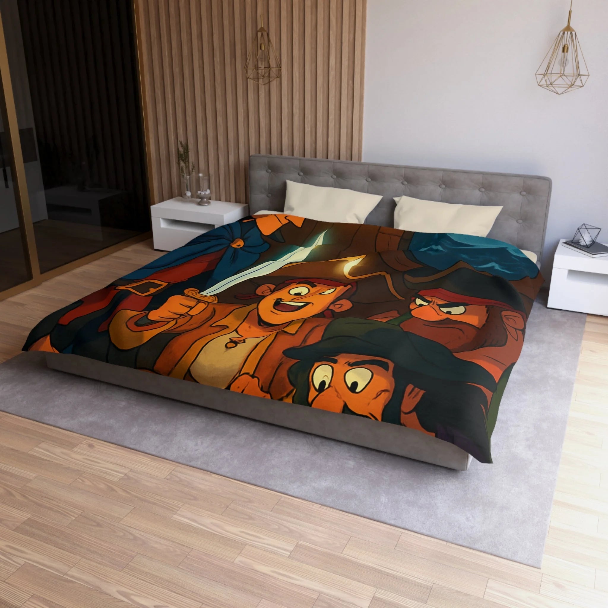 Housse de Couette Pirate Cartoon avec Carte Trésor et Équipage Sous Lampe
