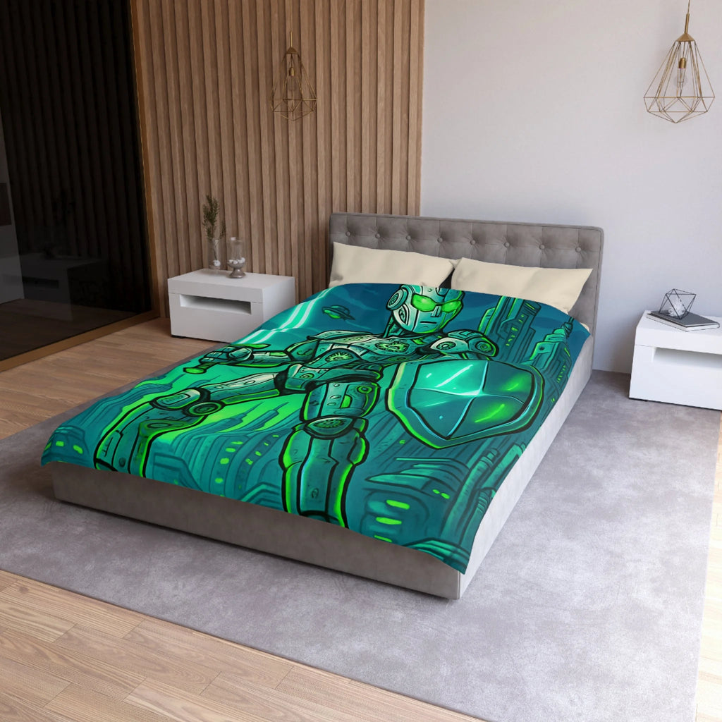 Housse de couette robot futuriste avec épée lumineuse et ville high-tech