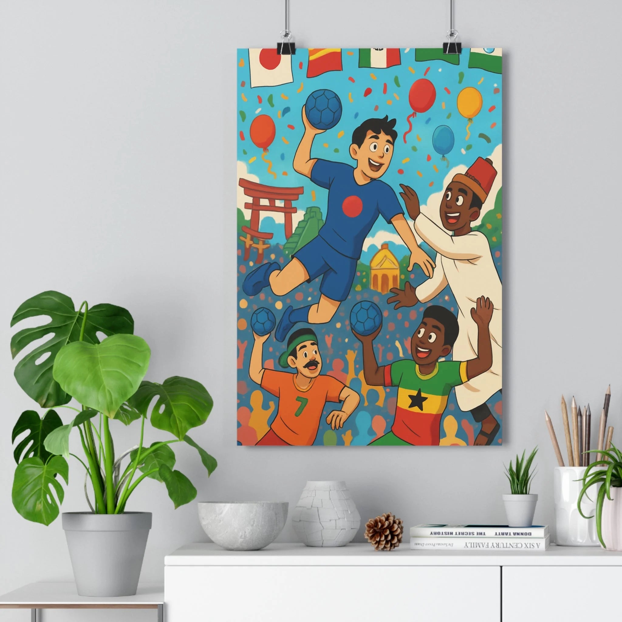 Poster décoratif cartoon handball joyeux multiculturel coloré dynamique chambre enfant sport vibrant amusant unique
