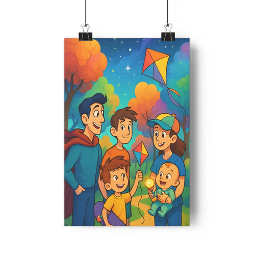 Poster famille heureuse paysage automnal cerfvolant ciel étoile contour net couleur vive ambiance joyeuse chambre enfant salon vivant