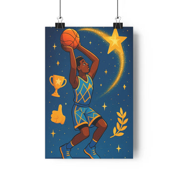 Poster joueur basket saut panier étoiles trophée victoire couronne lauriers ciel nuit étoile jaune lune ambiance sportive énergétique chambre salon