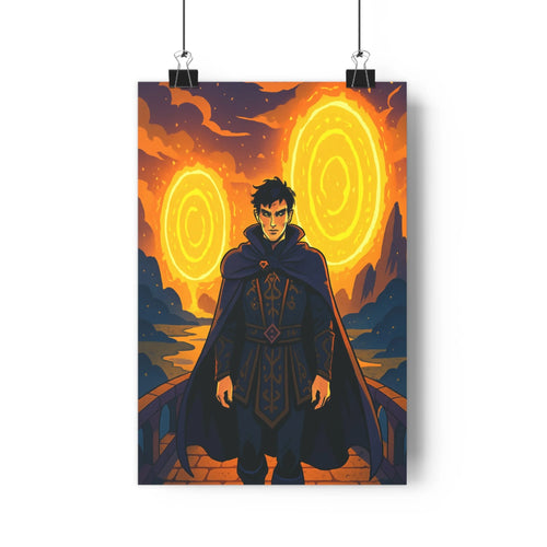 Poster homme cape sombre nuages bleu rouge lumières mystiques montagnes rivière ciel étoilé moderne minimaliste dramatique chambre salon