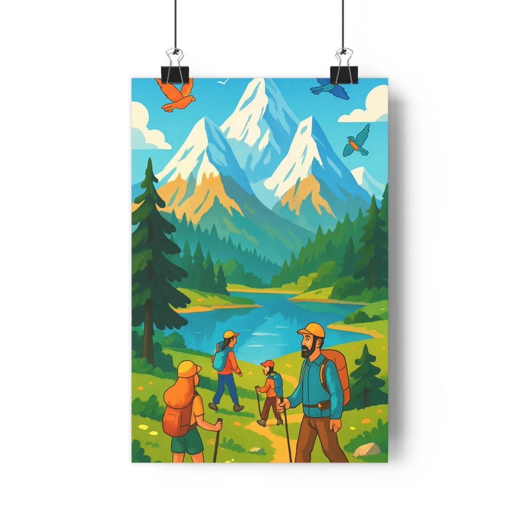 Poster décoratif montagne aventure nature vert bleu cartoon vibrant salon chambre art mural qualité