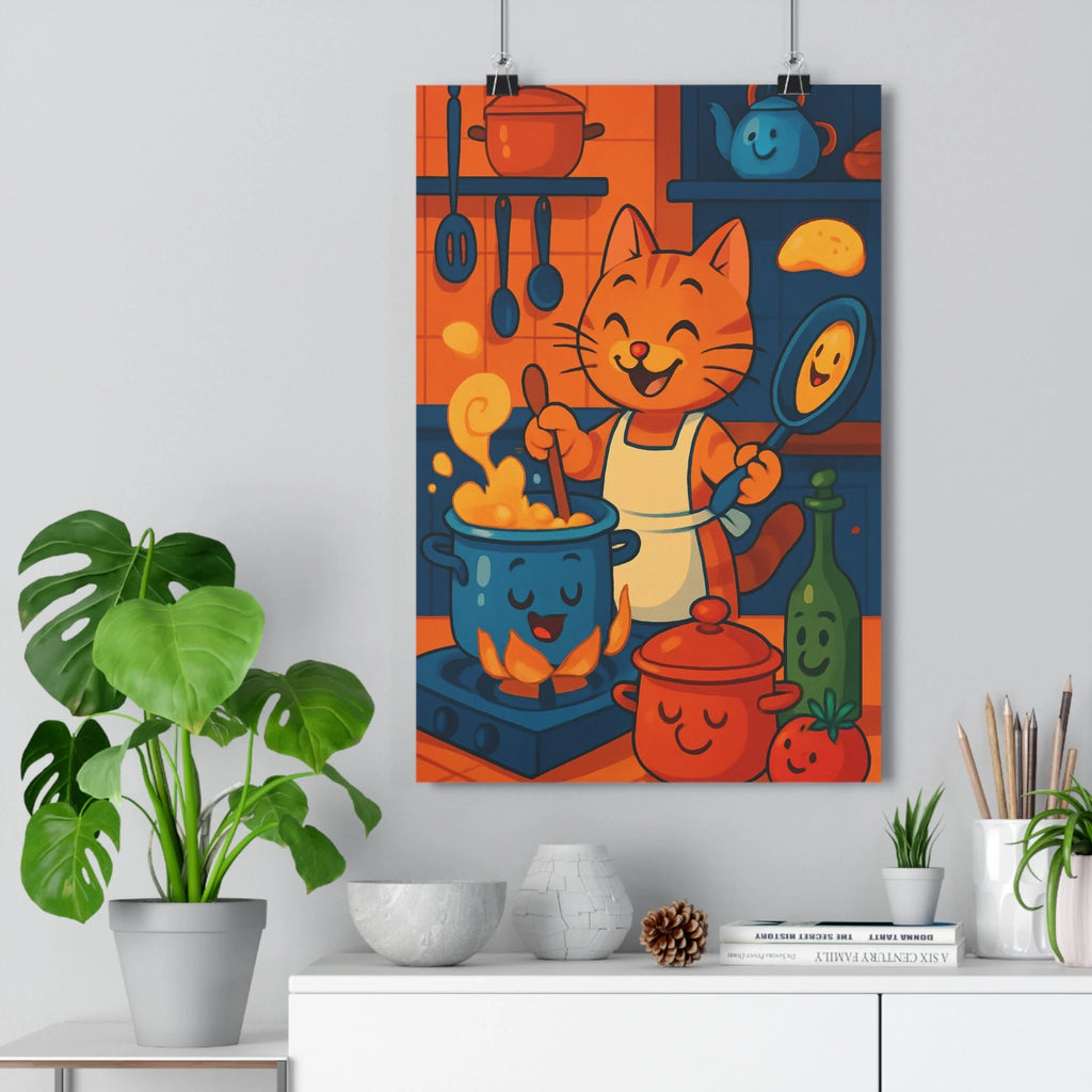 Poster décoratif joyeux cuisine chat cartoon bleu orange enfant chambre magie amusant chaleureux unique