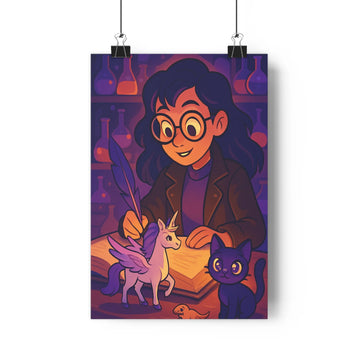 Poster féerique femme lunettes plume parchemin licorne chat noir bibliothèque violet rouge ambiance sereine cartoon ombres douces chambre salon