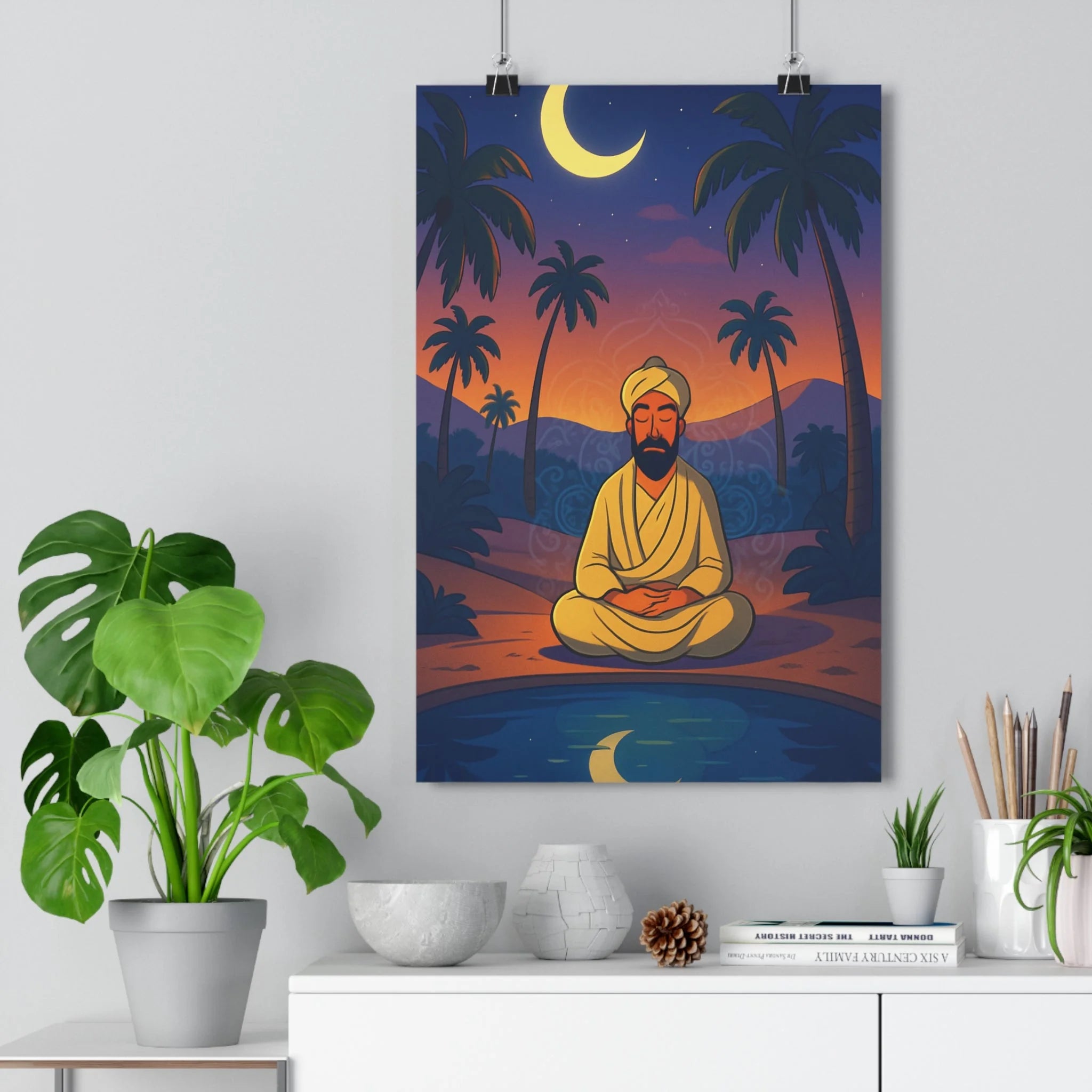 Poster décoratif méditation serein ciel étoilé illustration cartoon palmier tranquille chambre apaisant réflexion mur