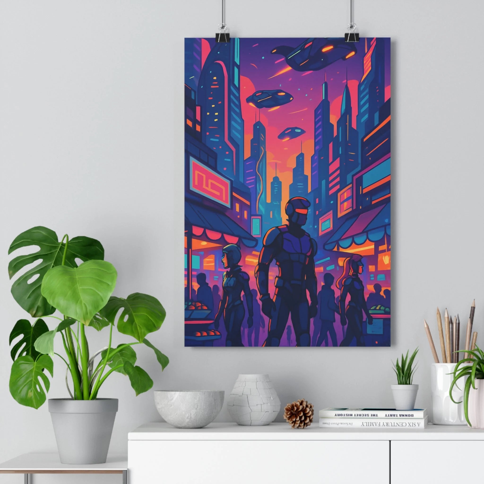 Poster décoratif cyberpunk vibrant violet orange salon chambre futuriste dynamique captivant néons immersif urbain