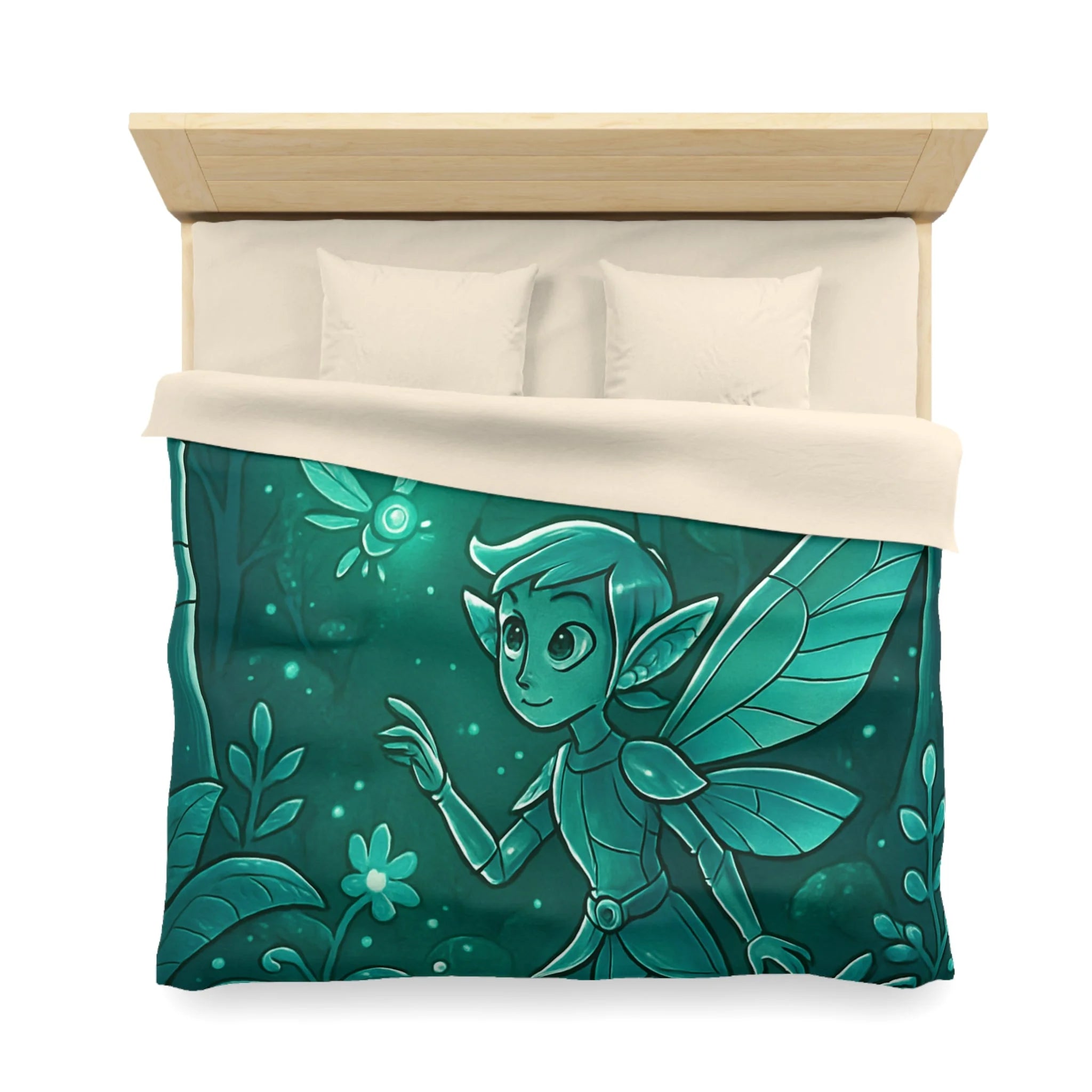 Housse de couette verte magique avec fée, papillon et forêt enchantée, ambiance nocturne